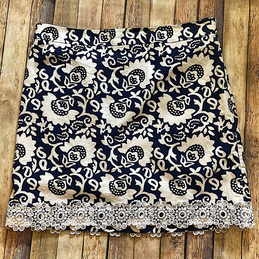 NWOT Talbots denim fabric lined skirt 16p size zip/hook royal blue & white